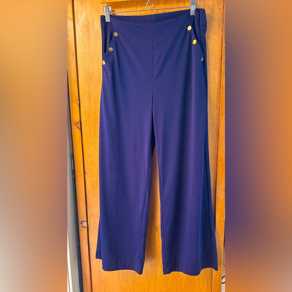 Nautical Wide-Leg Pants. Smooth-front. Comfy & Flattering. Navy Blue